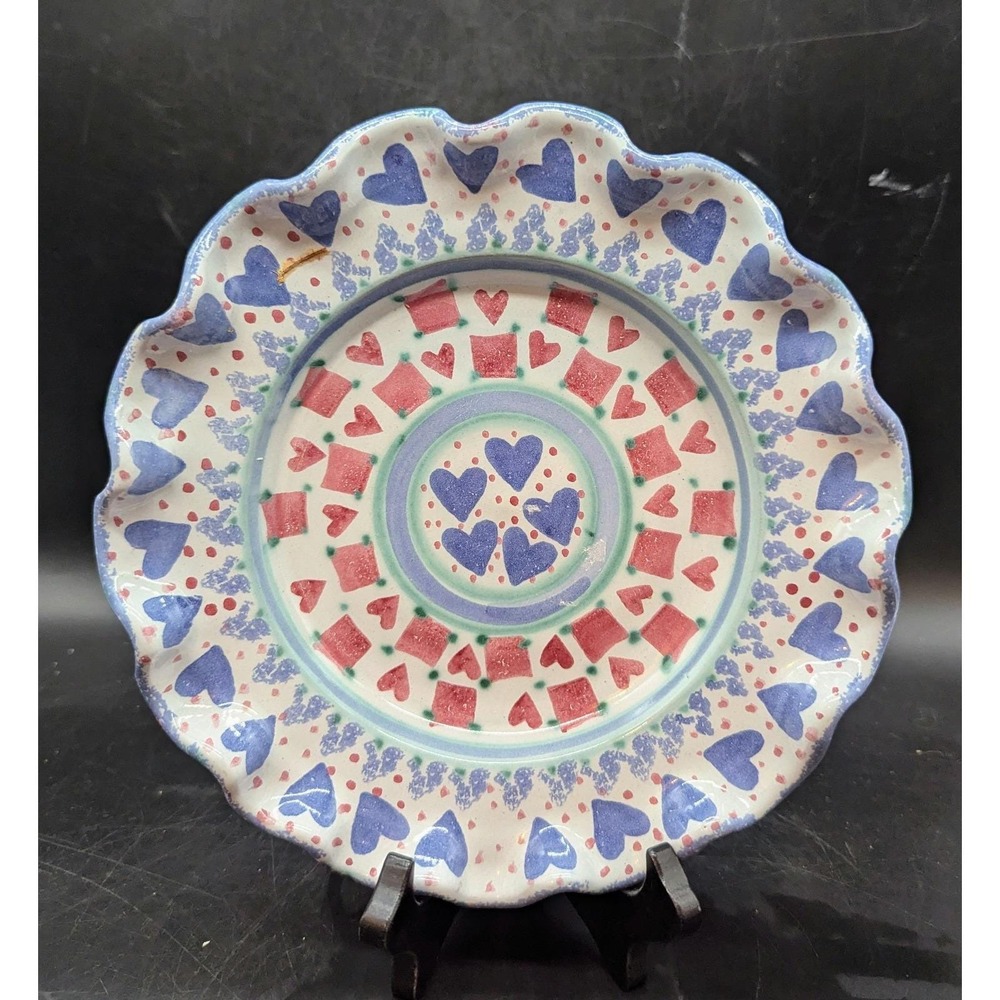 Vintage Studio Pottery Hand Painted Ruffles Plate Floral Hearts Squares Signed